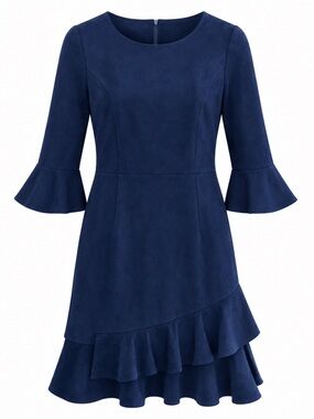 Aryeh Faux Suede Dress Womens Medium Ruffle Round Neckline Blue